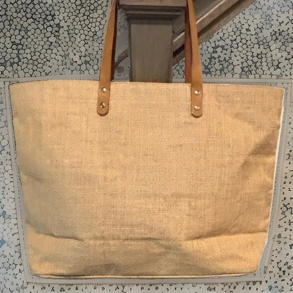 Mud Pie  “Hey Y’all” Jute Tote Beach Bag Burlap ~Tan ~ 21”X14”